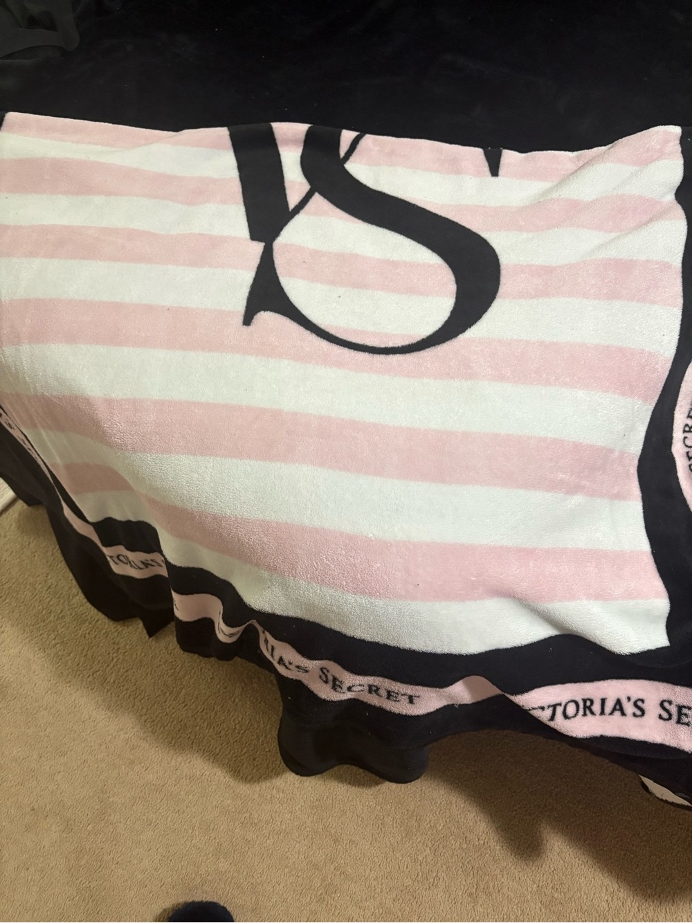 Victoria's Secret Pink, White & Black Striped Logo Blanket Limited Edition